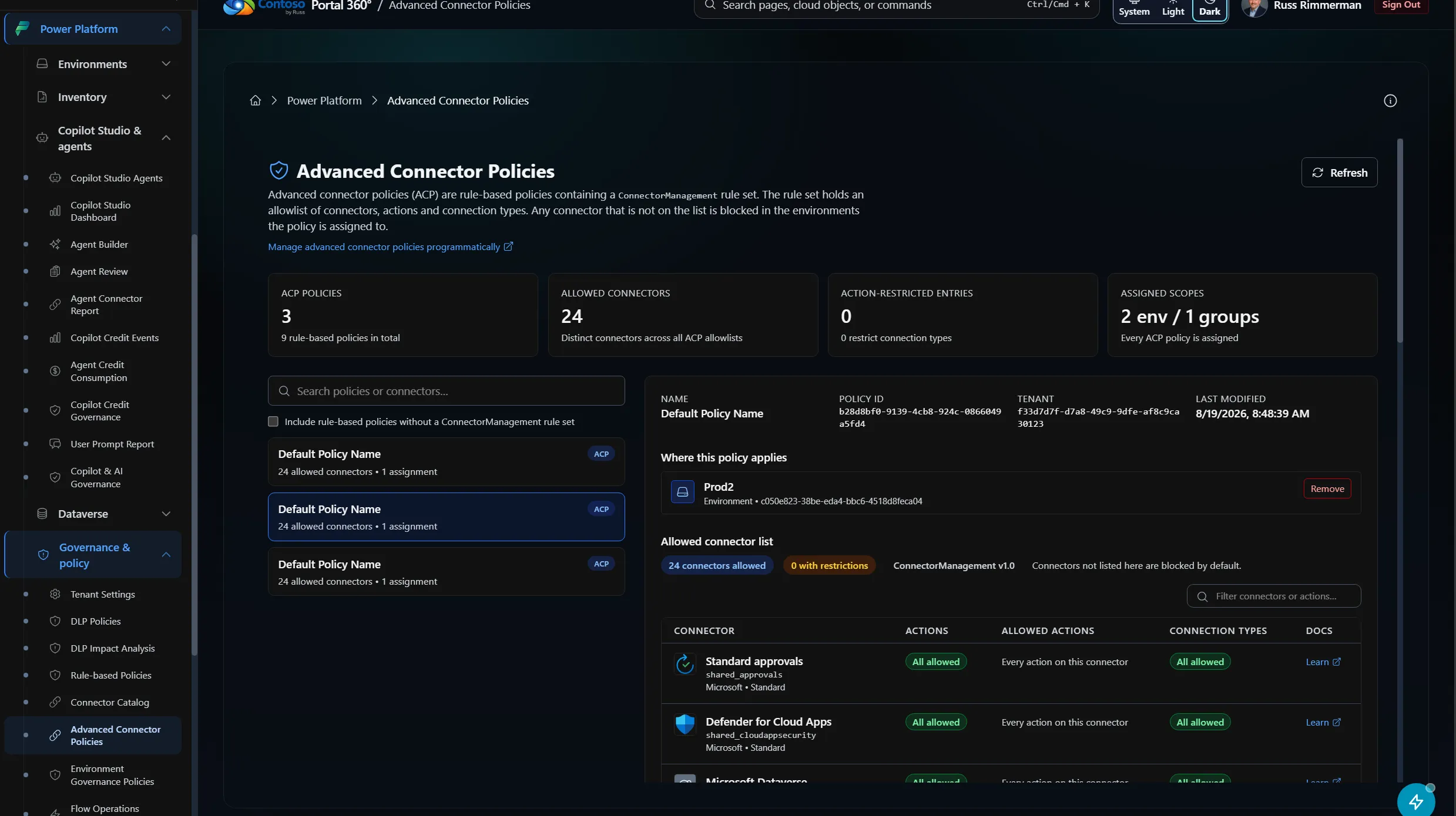 Portal 360 Advanced Connector Policies detail showing a rule-based policy's allowed, non-business, and blocked connector lists