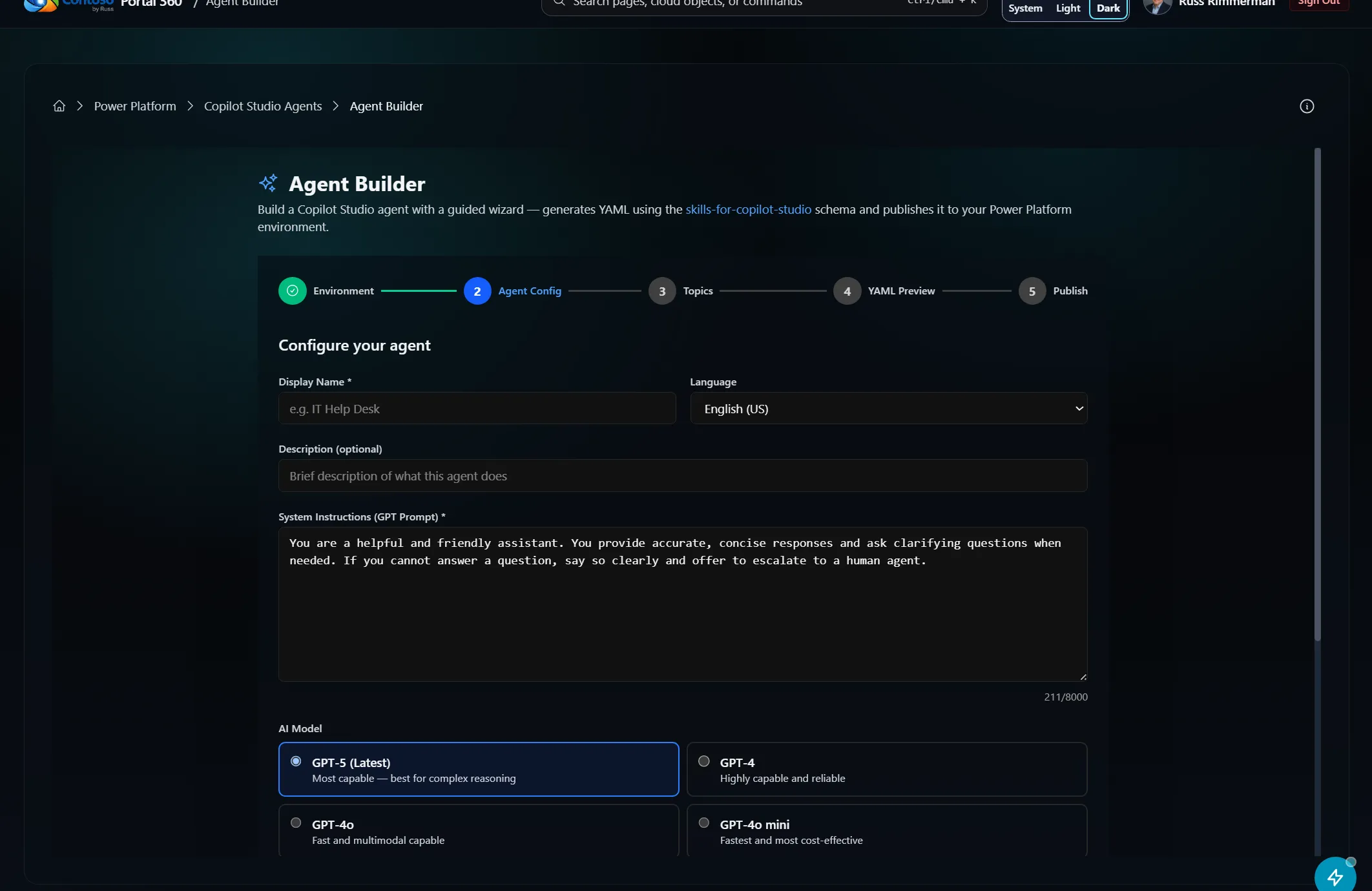 Portal 360 Agent Builder wizard configuring a Copilot Studio agent's display name, language, system instructions, and AI model