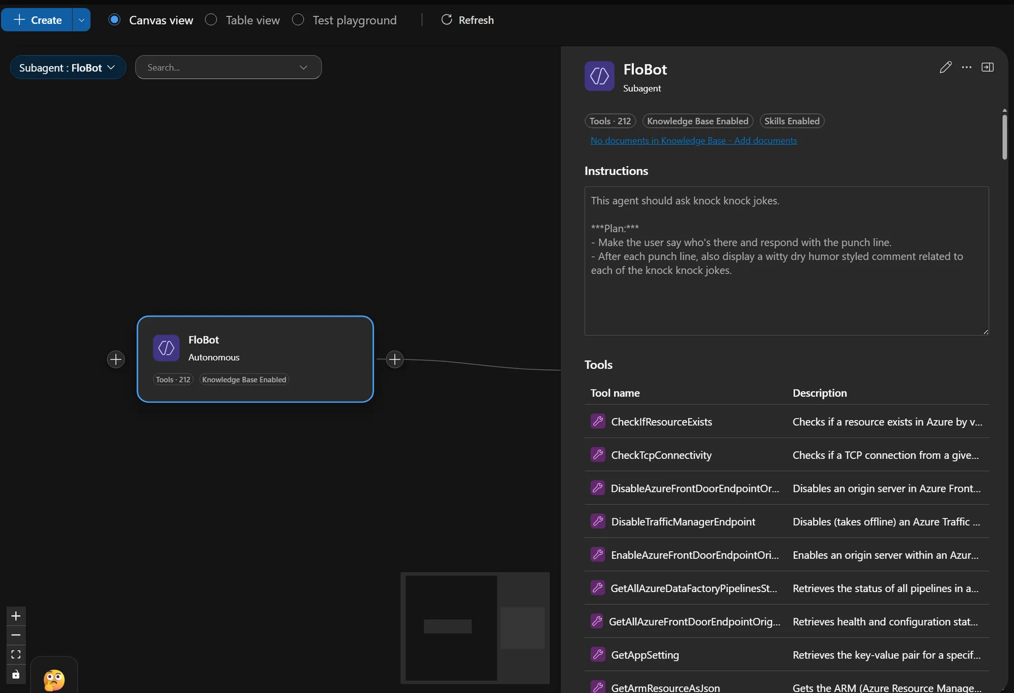 Agent Canvas in Azure SRE Agent showing a single autonomous subagent node named FloBot with 212 tools and Knowledge Base Enabled, and a details pane listing its plain-English instructions and a table of available tools including CheckIfResourceExists, CheckTcpConnectivity, DisableTrafficManagerEndpoint, and GetAppSetting