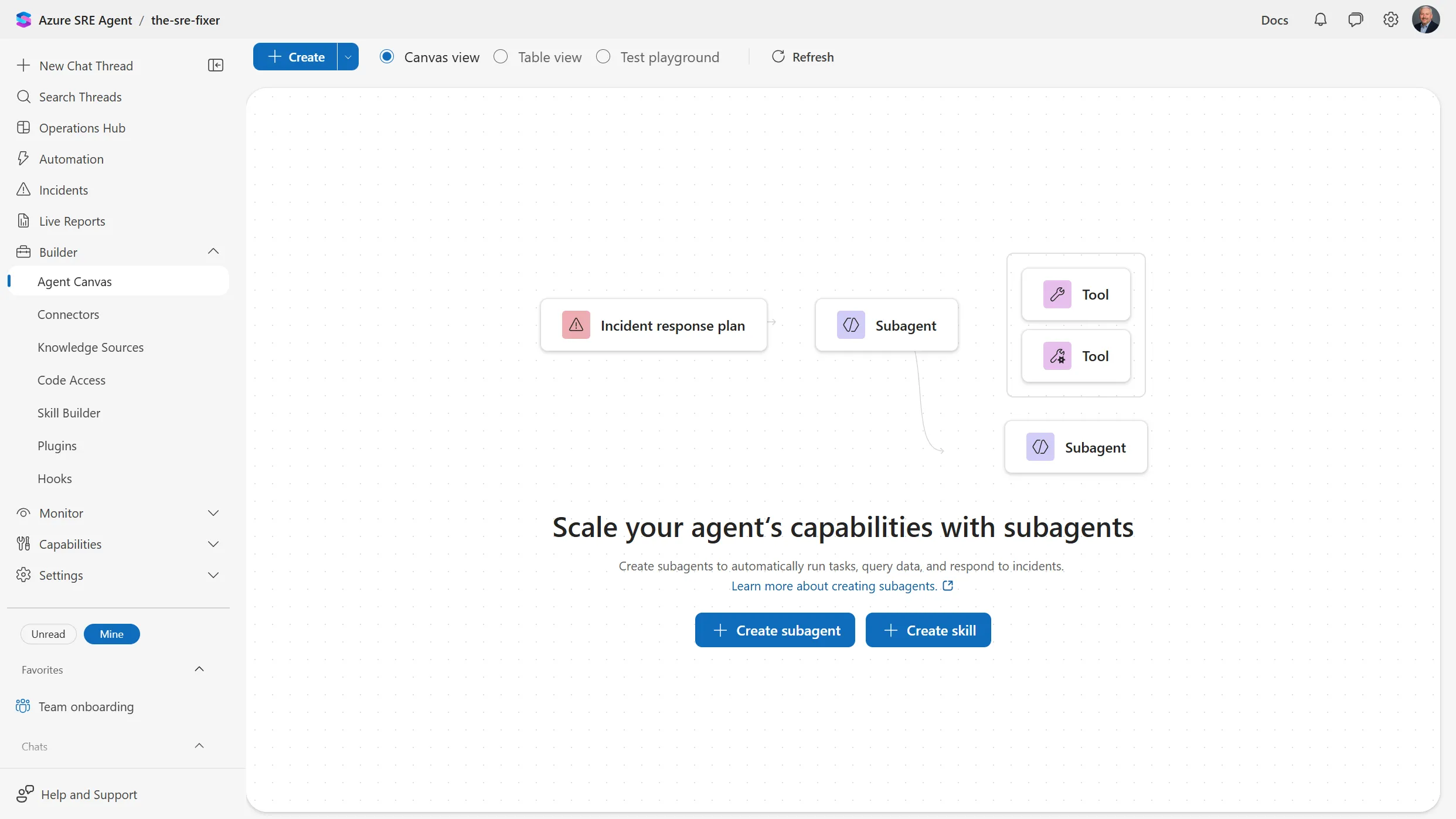 Agent Canvas in Azure SRE Agent showing an empty canvas with an illustration of an incident response plan connected to subagents and tools, a Create subagent and Create skill button, and toggles for canvas view, table view, and test playground