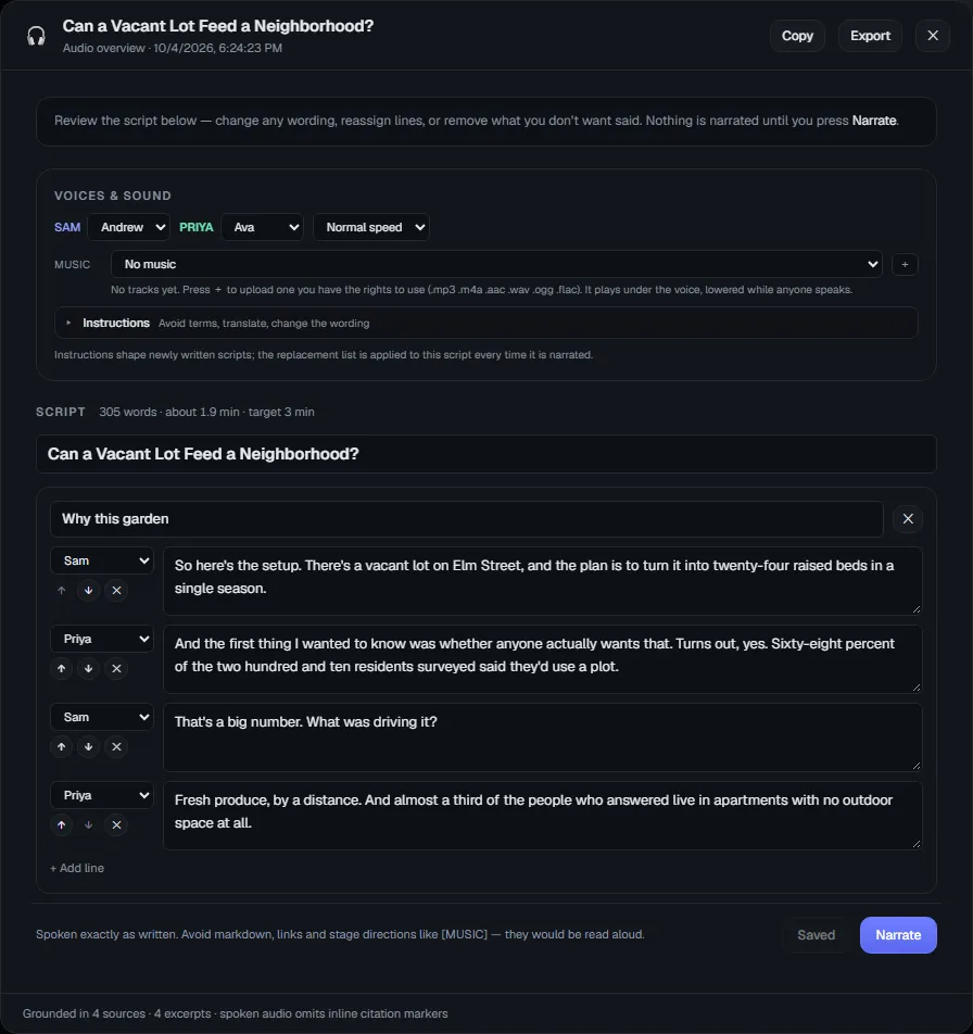 Audio overview script editor with two named hosts, voice pickers, a music selector, an instructions panel, and chaptered lines of dialogue, each assigned to a speaker.