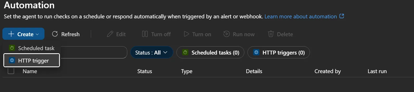 Azure SRE Agent Automation blade with the Create menu expanded, showing the two options: Scheduled task and HTTP trigger
