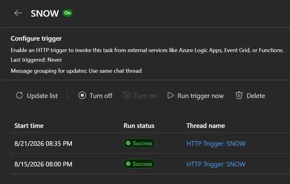 Configure trigger page for an HTTP-triggered automation named SNOW in Azure SRE Agent, showing the trigger switched on, a message grouping setting of use same chat thread, buttons for update list, turn off, run trigger now, and delete, and a run history table listing two runs with a Success status and a thread name of HTTP Trigger: SNOW