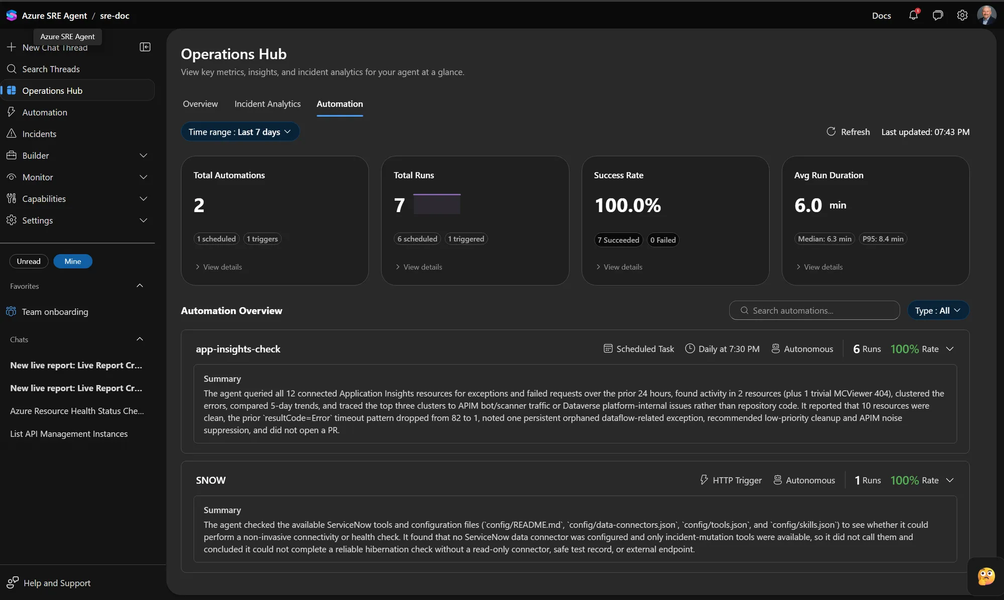 Automation tab of the Azure SRE Agent Operations Hub over the last 7 days, showing tiles for 2 total automations, 7 total runs, a 100 percent success rate, and a 6.0 minute average run duration, above an Automation Overview listing a daily scheduled app-insights-check task and an HTTP-triggered SNOW automation, each with a written summary of its last run