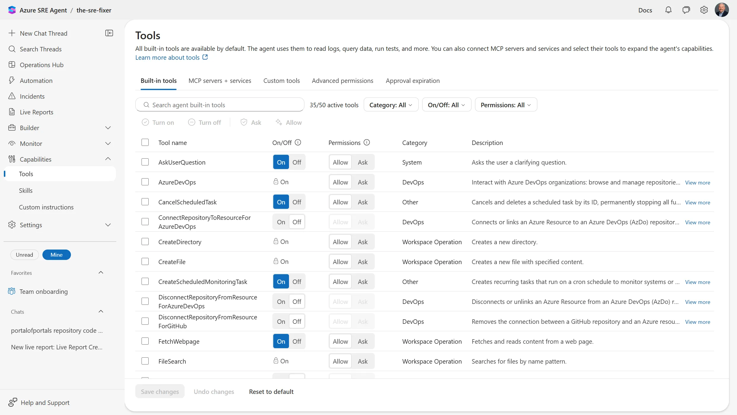 Tools page in Azure SRE Agent showing 35 of 50 active built-in tools in a table with On/Off toggles, Allow or Ask permission controls, category, and description columns, plus tabs for MCP servers and services, custom tools, advanced permissions, and approval expiration
