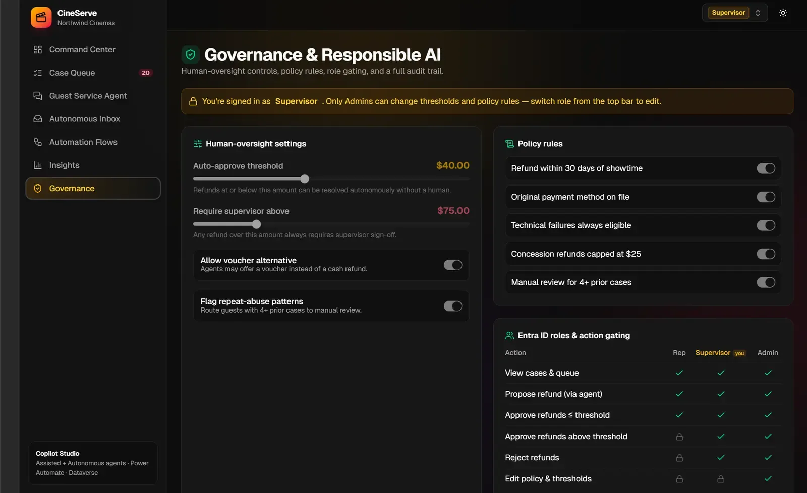 CineServe governance panel with approval thresholds, policy rules, role permissions, and an audit log of agent decisions.