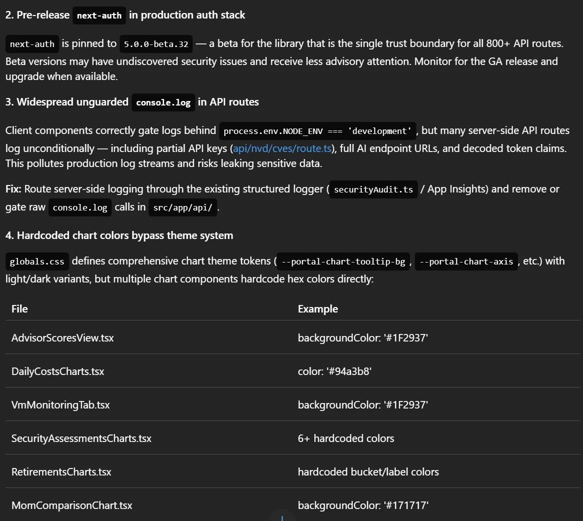 Azure SRE Agent code recommendations listing a pre-release next-auth dependency, unguarded console.log calls in API routes leaking partial API keys and decoded token claims, and a table of six chart components with hardcoded hex colors that bypass the theme system