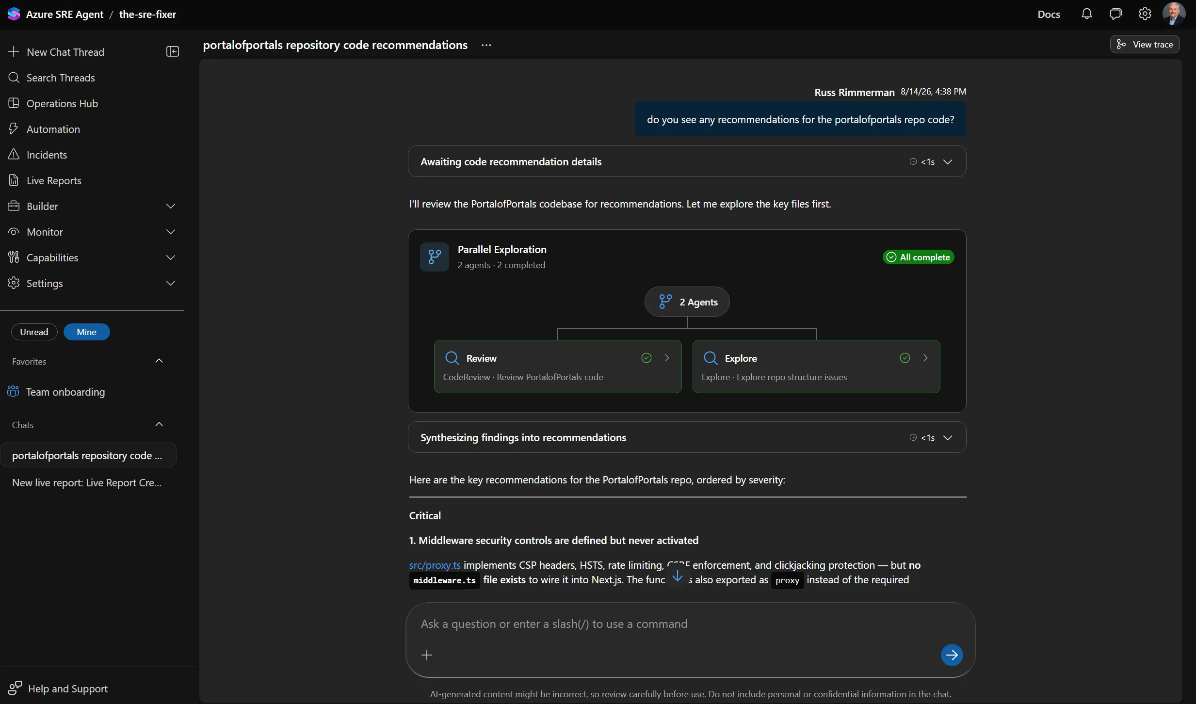 Azure SRE Agent chat thread titled portalofportals repository code recommendations, showing a parallel exploration step with two completed subagents, Review and Explore, followed by recommendations ordered by severity