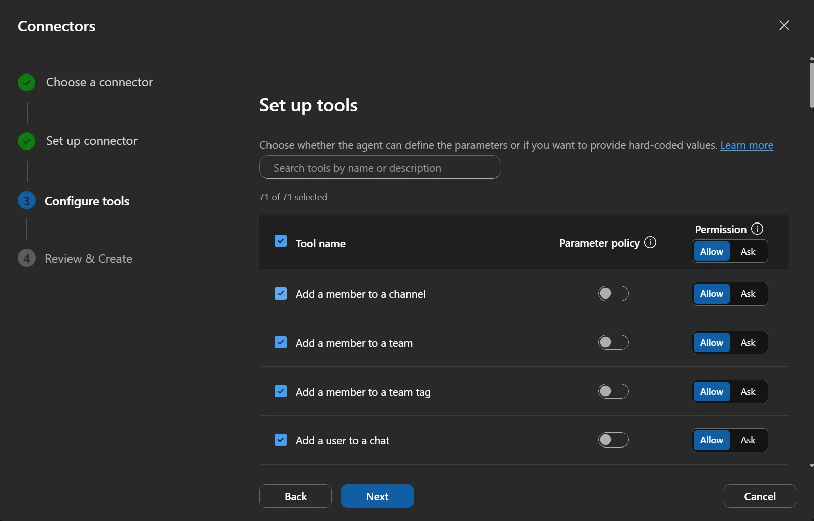 Azure SRE Agent connector setup wizard on the Configure tools step, showing 71 of 71 tools selected with a per-tool parameter policy toggle and an Allow or Ask permission control for each one