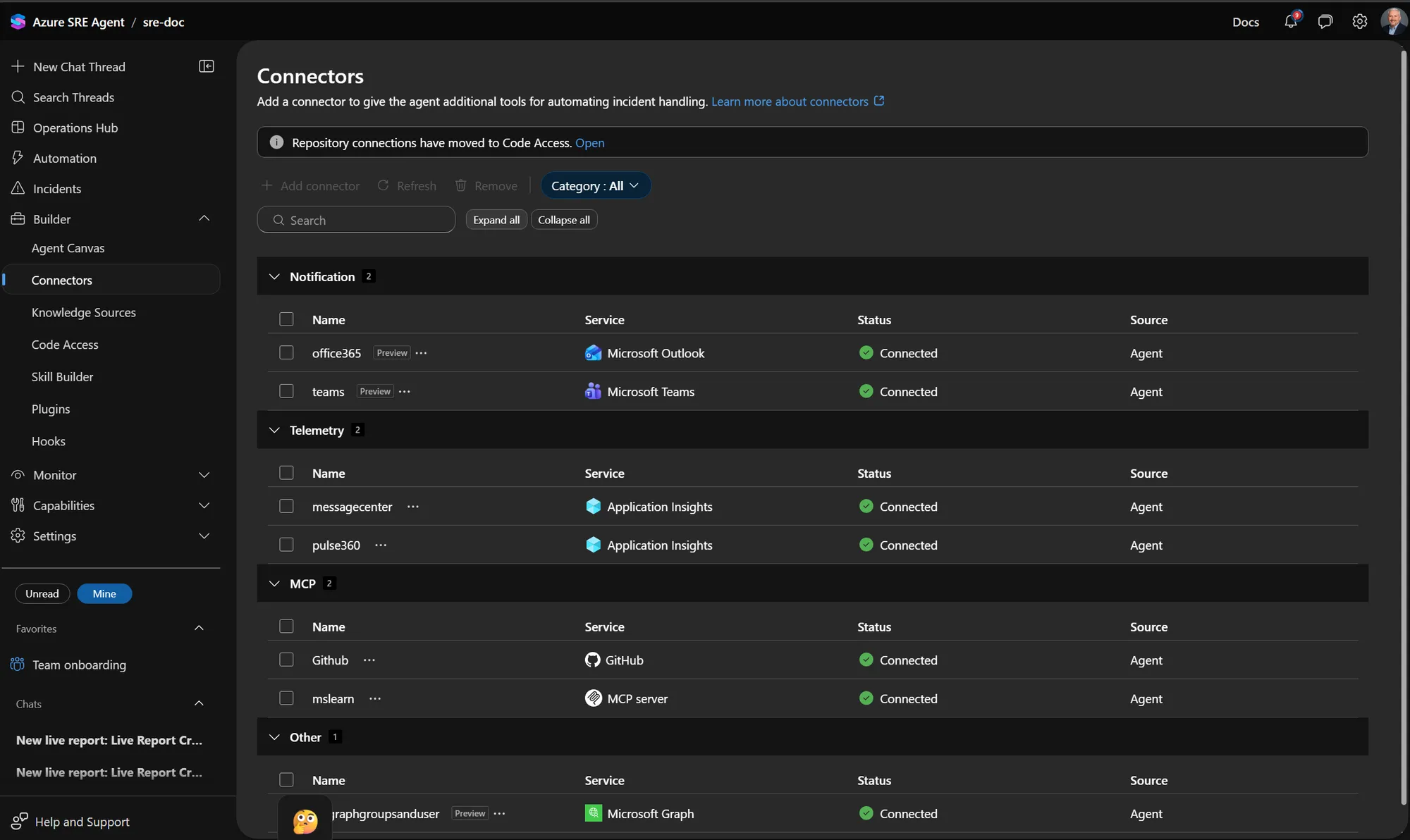 Connectors page in Azure SRE Agent with a banner reading repository connections have moved to Code Access, and connectors grouped into Notification with office365 for Microsoft Outlook and teams for Microsoft Teams, Telemetry with messagecenter and pulse360 for Application Insights, MCP with Github and mslearn, and Other with graphgroupsanduser for Microsoft Graph, all showing a Connected status
