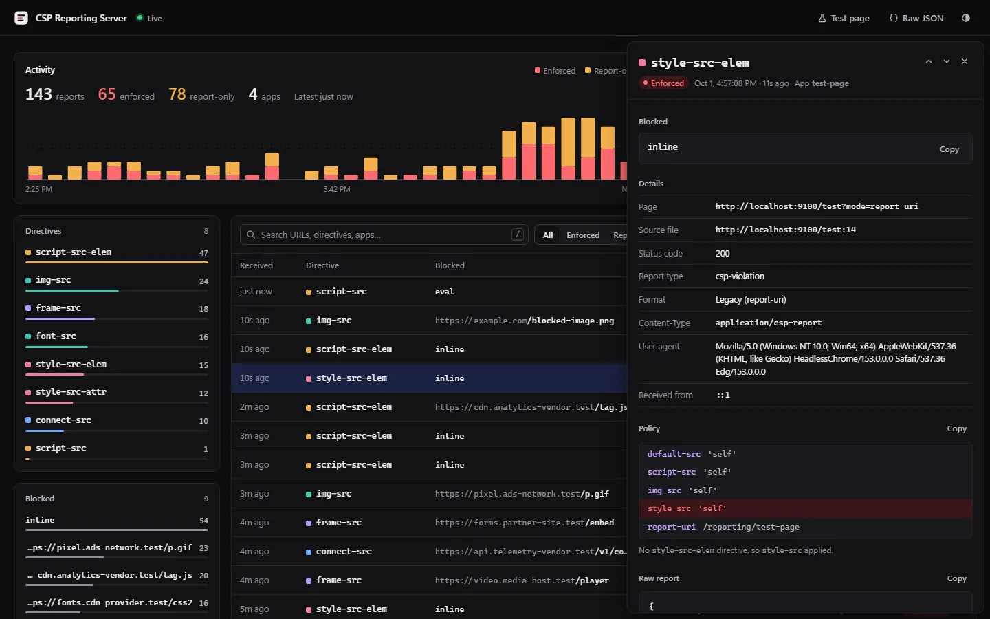 Report inspector in dark mode with the style-src line highlighted inside the policy, a note that no style-src-elem directive exists so style-src applied, and report details including page, source file, and format.
