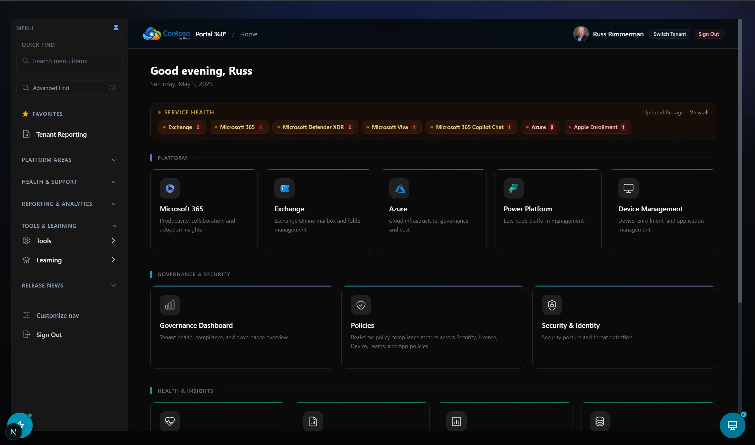 Portal 360° home dashboard showing service health and platform tiles for Microsoft 365, Exchange, Azure, Power Platform, and device management