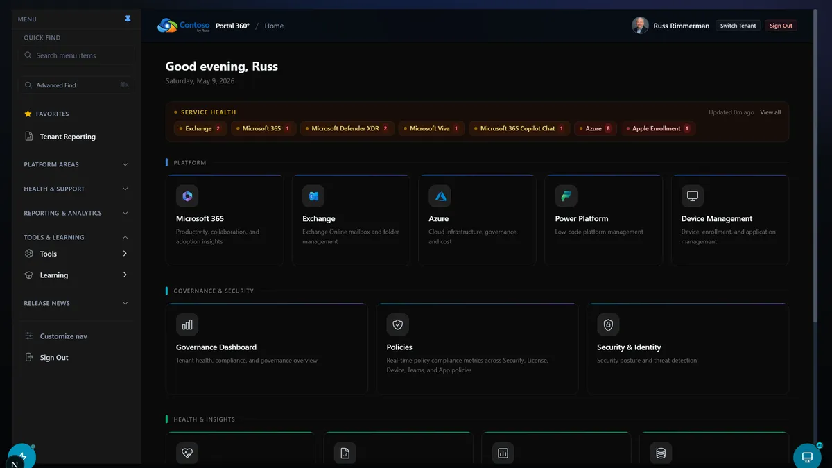 Portal 360° home dashboard showing service health and platform tiles for Microsoft 365, Exchange, Azure, Power Platform, and device management