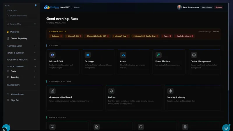 Portal 360° home dashboard showing service health and platform tiles for Microsoft 365, Exchange, Azure, Power Platform, and device management