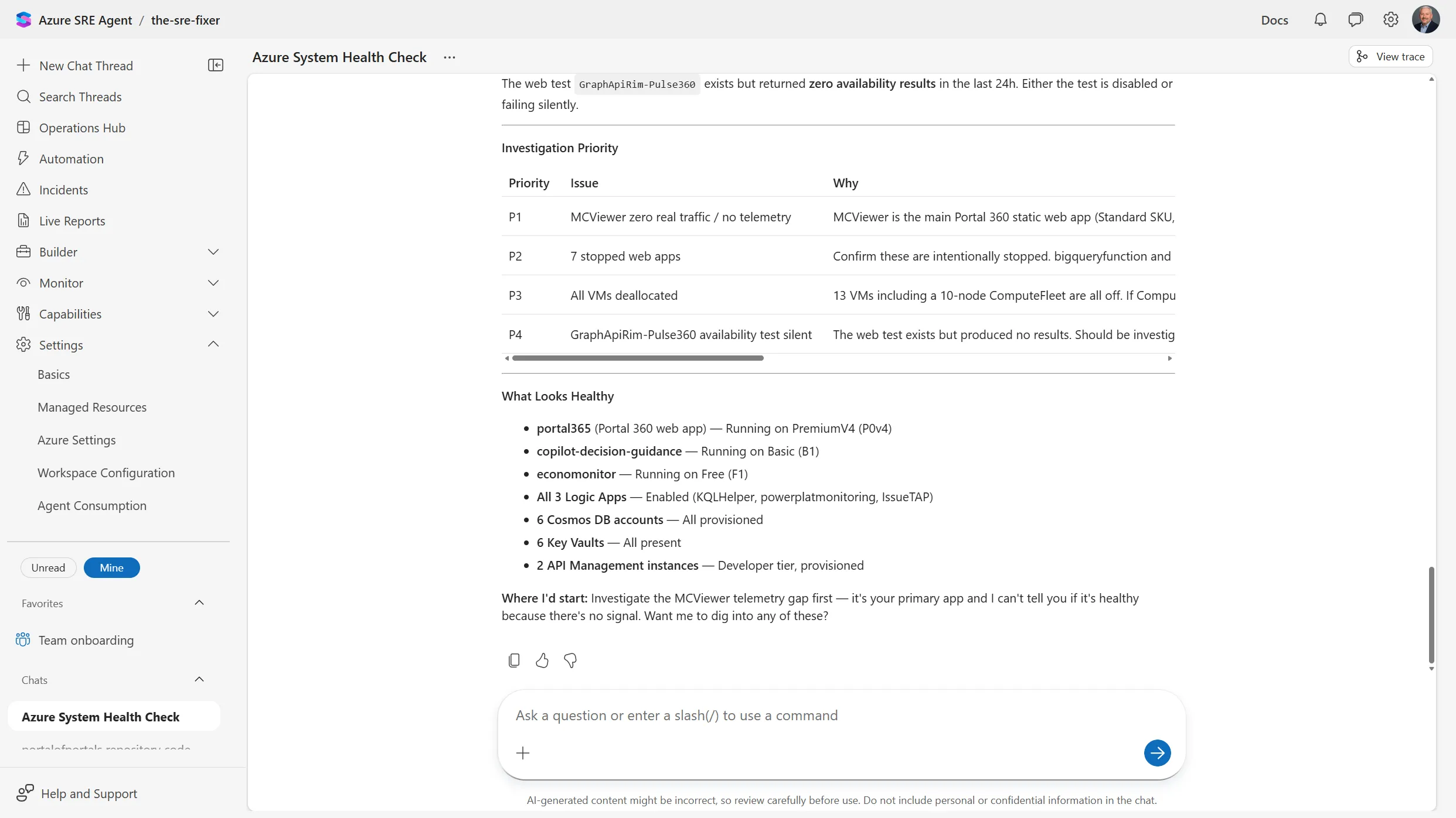 Azure SRE Agent investigation priority table with rows P1 through P4 listing the issue and the reason for its priority, followed by a What Looks Healthy list naming running web apps with their pricing tiers, enabled logic apps, provisioned Cosmos DB accounts, key vaults, and API Management instances
