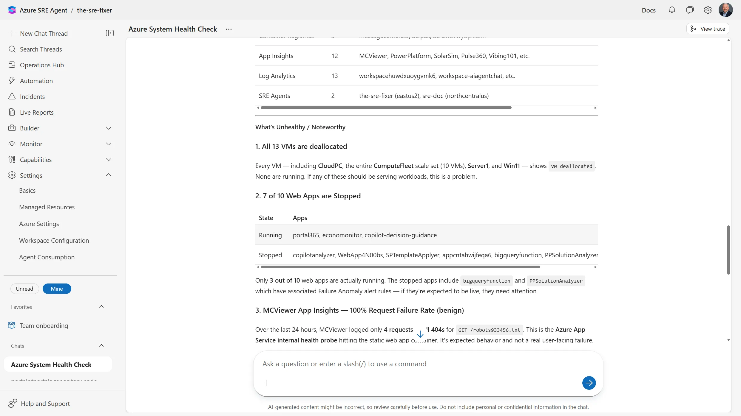 Azure SRE Agent health check results listing resource inventory counts, then findings that all 13 VMs are deallocated, that 7 of 10 web apps are stopped with running and stopped apps in a table, and that one Application Insights resource shows a 100 percent request failure rate marked benign