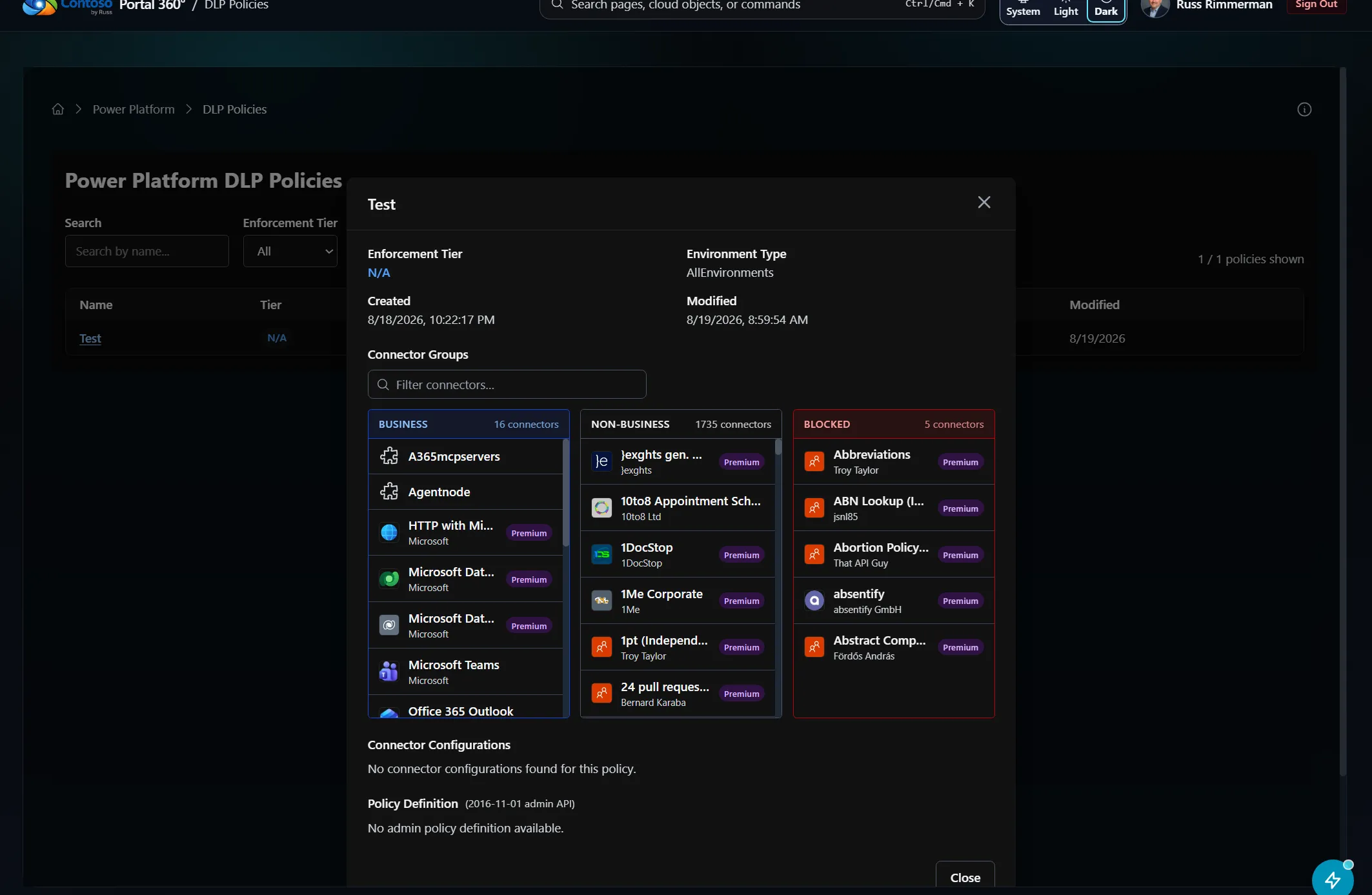 Portal 360 DLP Policies detail modal showing enforcement tier, connector groups, and policy definition for a data loss prevention policy