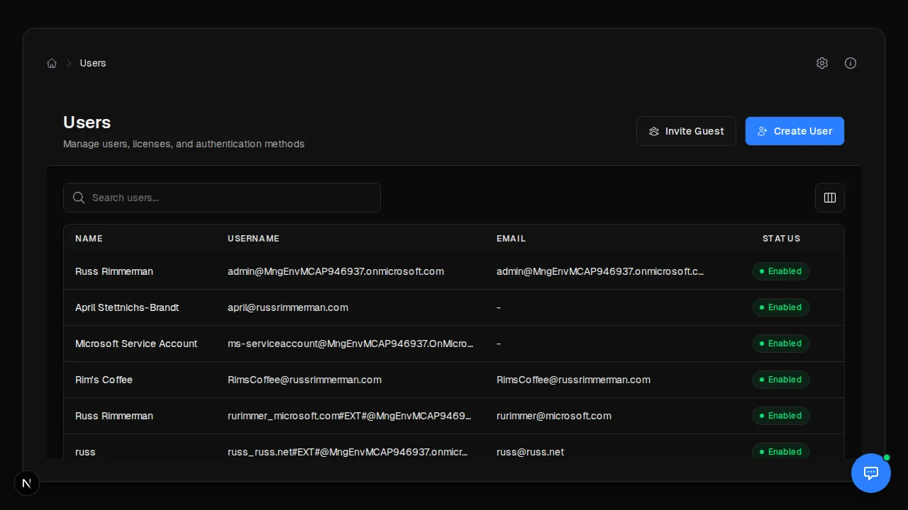 Portal 360° tenant-wide user list with search, status badges, and quick actions to create users and invite guests