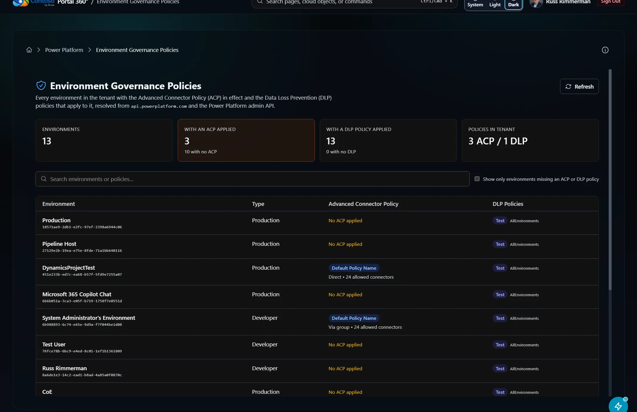 Portal 360 Environment Governance Policies page listing each environment with its Advanced Connector Policy and DLP policies