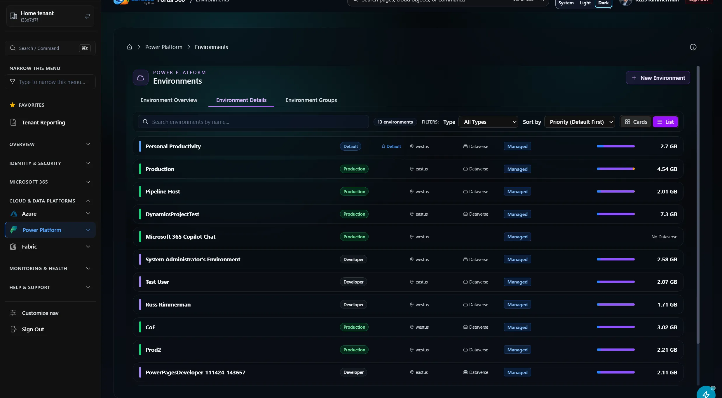 Portal 360 Environments page listing environments with type, status, database, protection level, and size for each