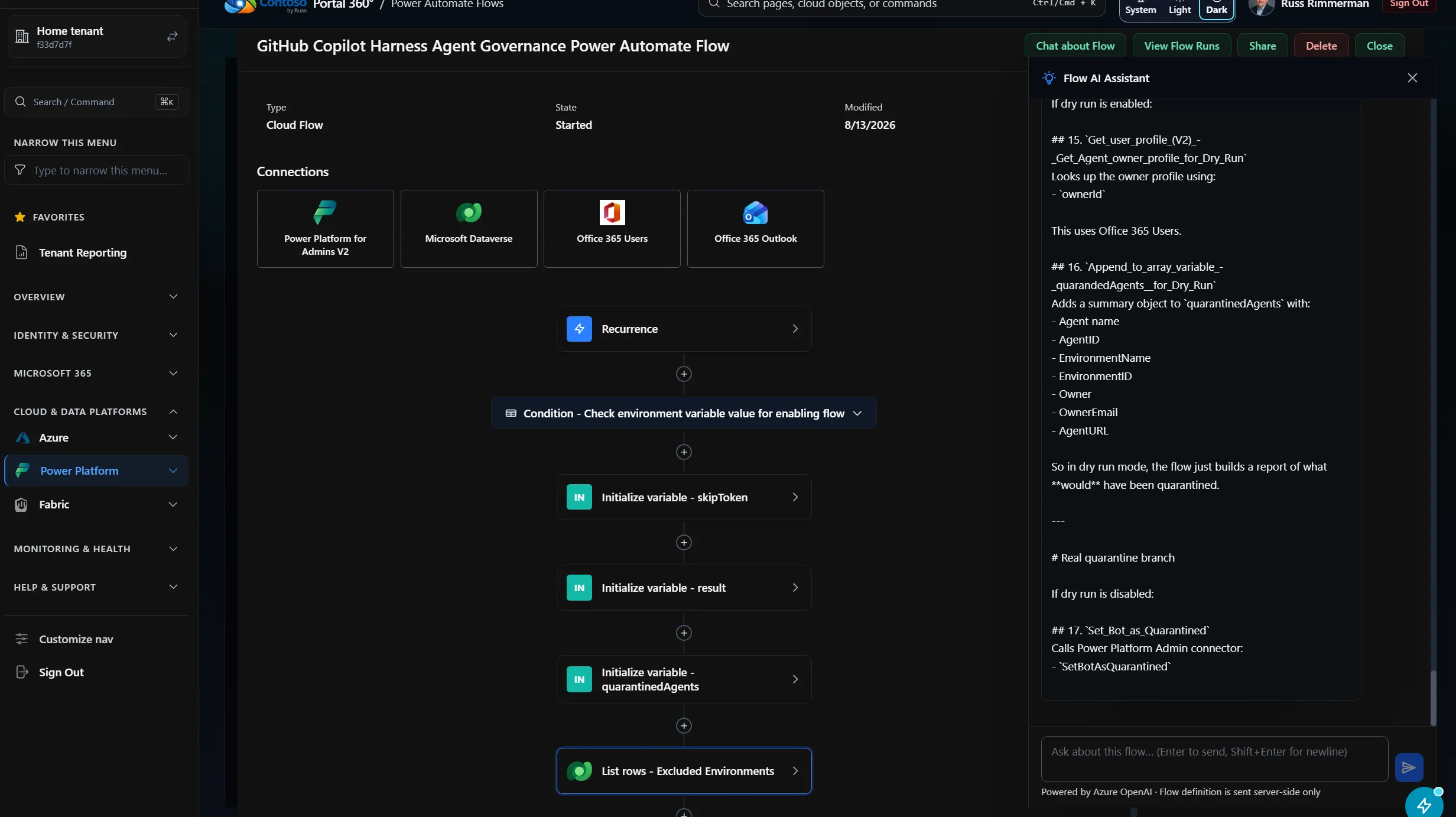 Portal 360 flow detail page for the same flow with an AI assistant panel explaining each action in plain language