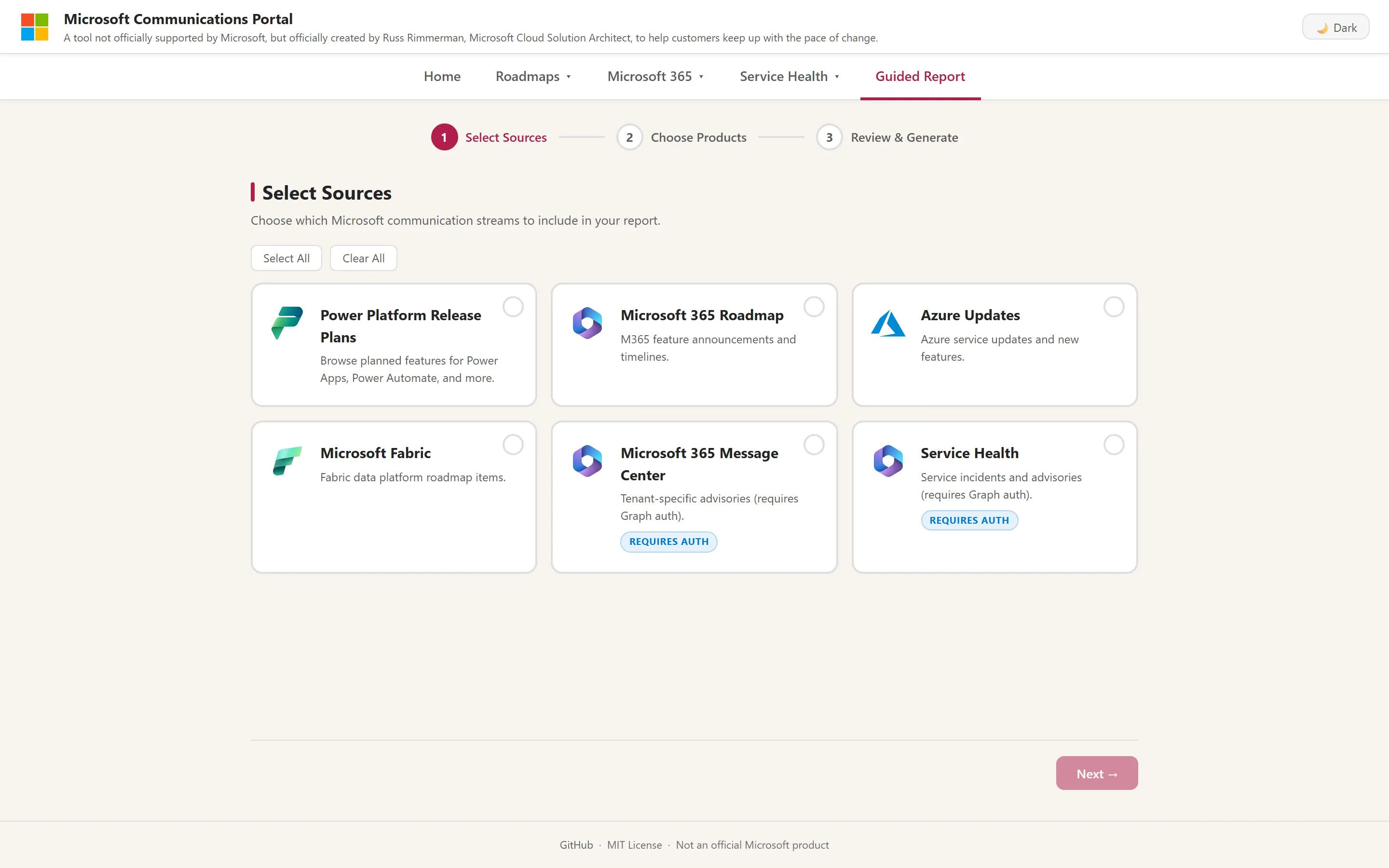 Guided Report wizard on step 1, Select Sources, with selectable cards for Power Platform Release Plans, Microsoft 365 Roadmap, Azure Updates, Microsoft Fabric, Message Center, and Service Health, some marked Requires Auth