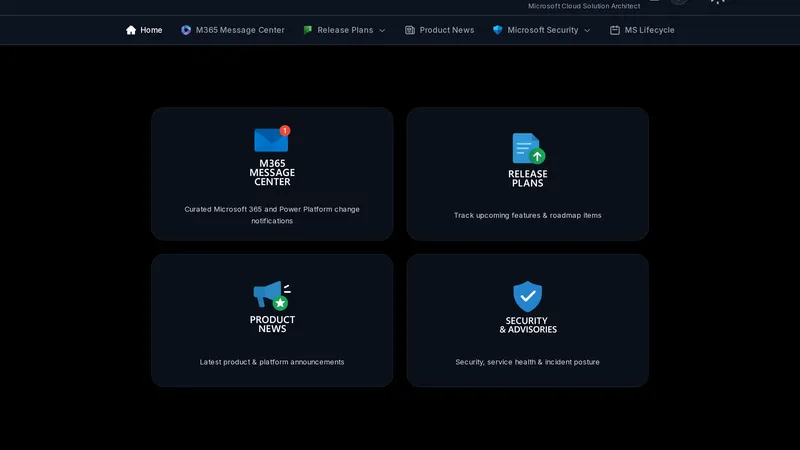 Pulse 360° landing dashboard with tiles for M365 Message Center, Release Plans, Product News, and Security & Advisories