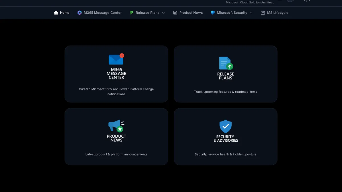 Pulse 360° landing dashboard with tiles for M365 Message Center, Release Plans, Product News, and Security & Advisories