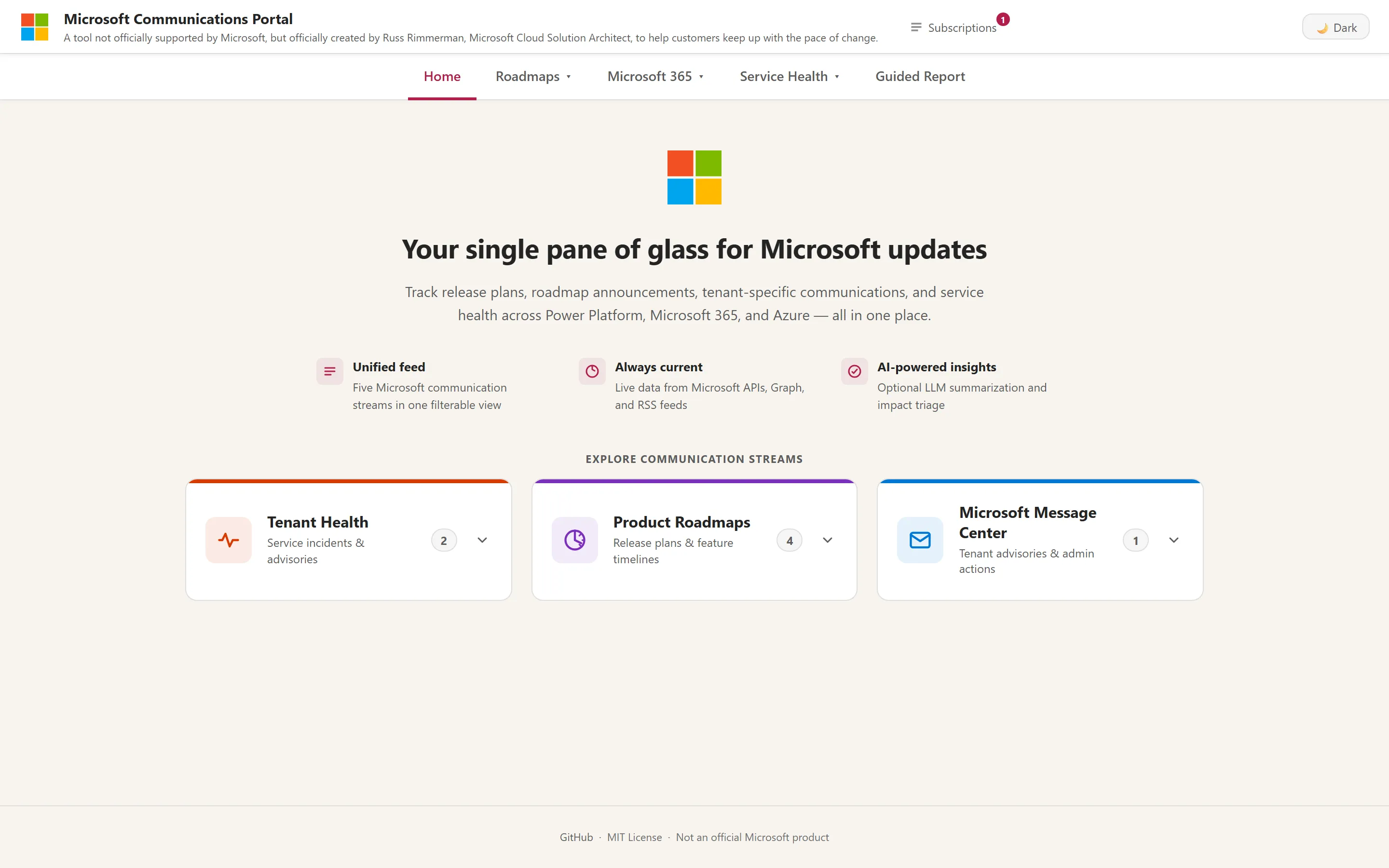 Microsoft Communications Portal home dashboard with the headline 'Your single pane of glass for Microsoft updates' and cards for Tenant Health, Product Roadmaps, and Microsoft Message Center