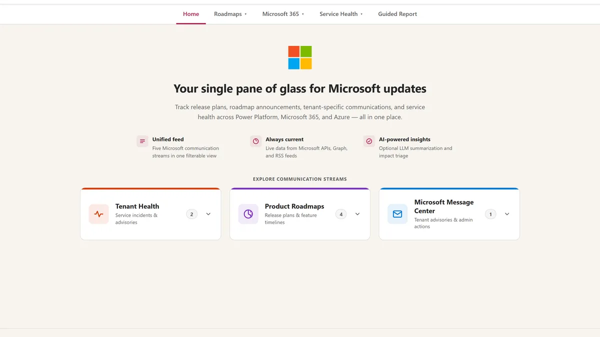 Microsoft Communications Portal home dashboard with a single-pane-of-glass headline and cards for Tenant Health, Product Roadmaps, and Microsoft Message Center