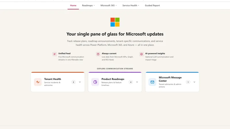 Microsoft Communications Portal home dashboard with a single-pane-of-glass headline and cards for Tenant Health, Product Roadmaps, and Microsoft Message Center