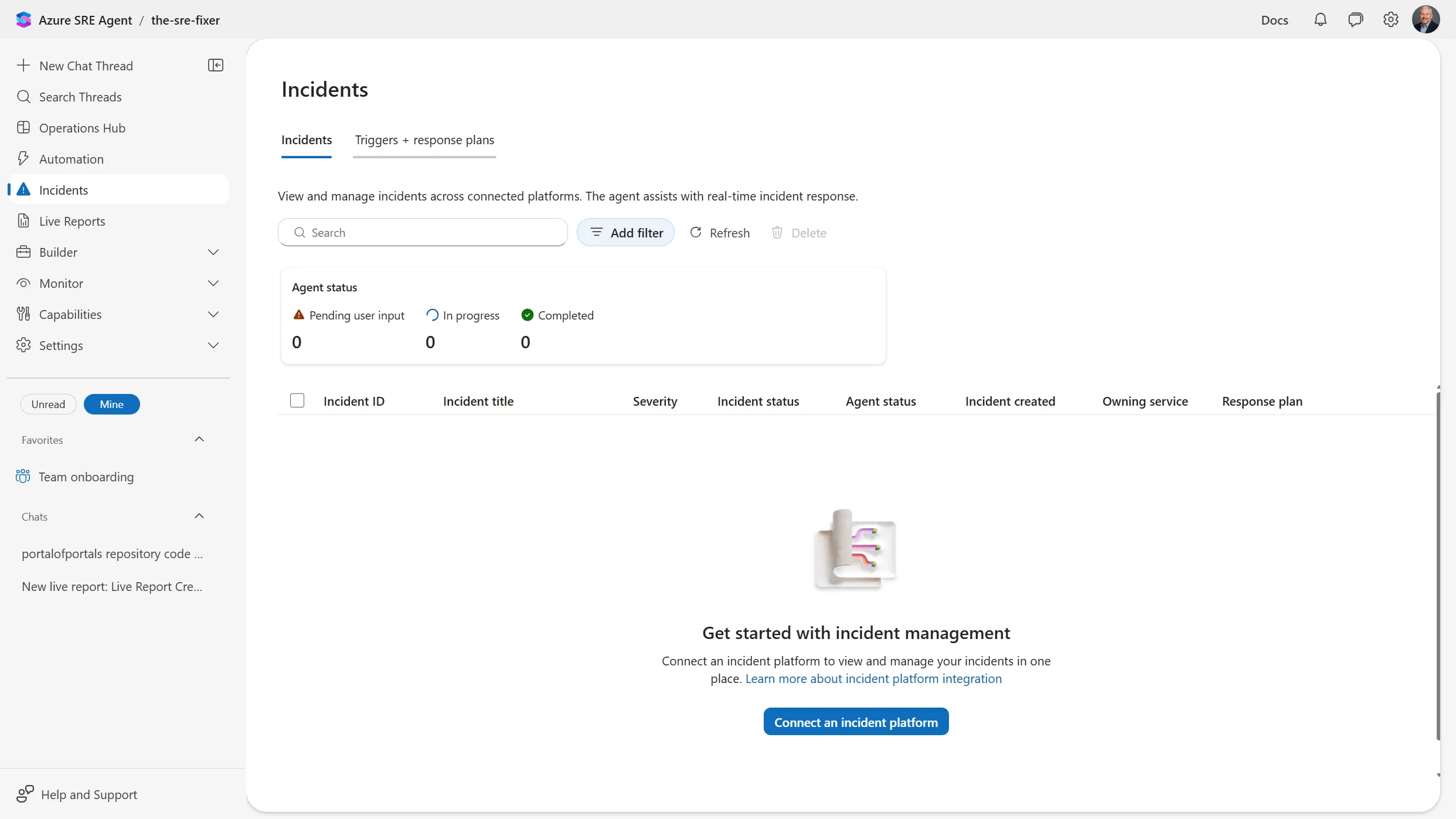 Incidents page in Azure SRE Agent with tabs for Incidents and Triggers plus response plans, agent status counters for pending user input, in progress, and completed all at zero, and a get started panel prompting to connect an incident platform