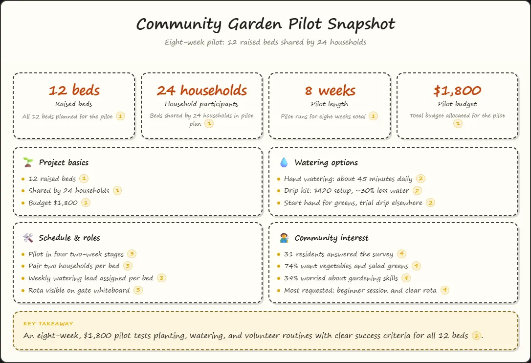 Sketch-note infographic titled Community Garden Pilot Snapshot, with hand-lettered headline numbers for beds, households, weeks, and budget, and grouped bullet points with numbered citation badges.
