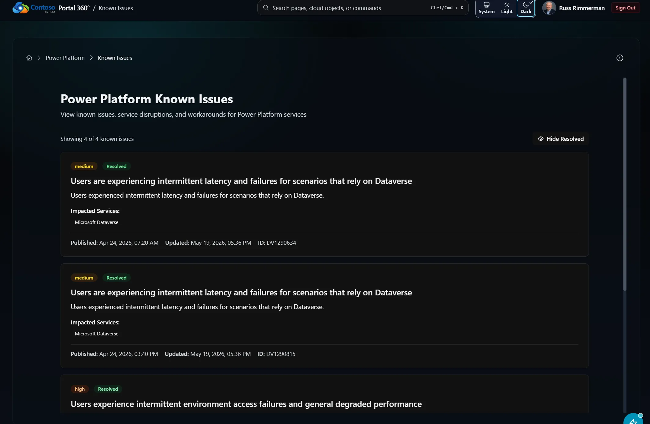 Portal 360 Power Platform Known Issues page listing service disruptions with severity, impacted services, and publish dates