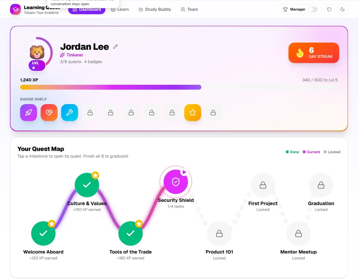 Learning Quest onboarding dashboard for Tailspin Toys, showing player Jordan Lee at level 4 with a 6-day streak, an XP bar, a badge shelf, and a quest map of onboarding milestones marked done, current, or locked.