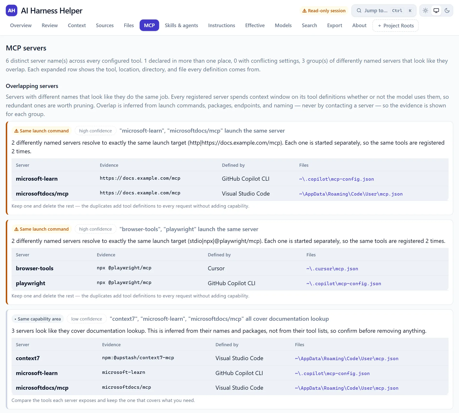 MCP servers grouped by shared launch targets and documentation capabilities, with confidence levels and source files.