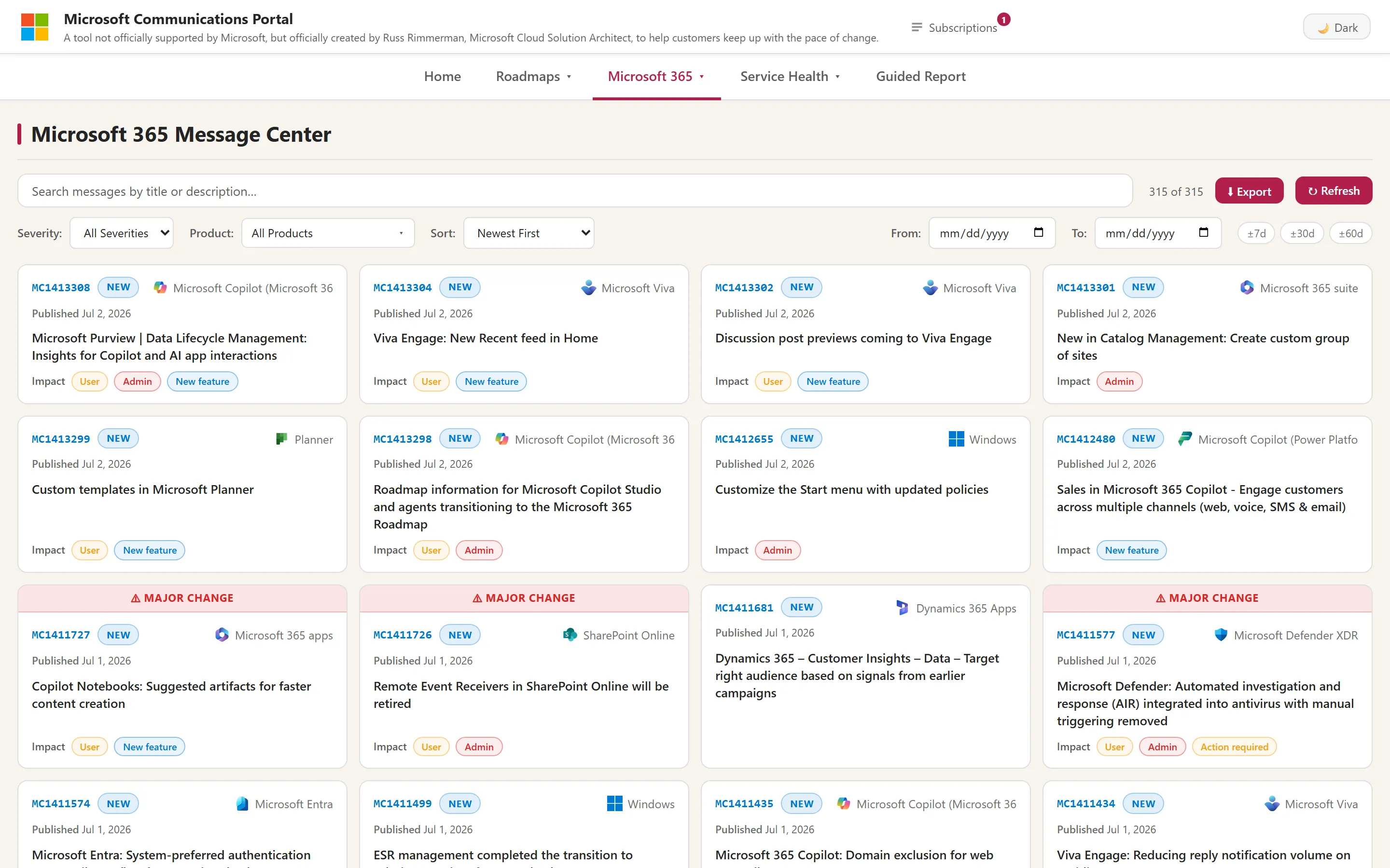 Microsoft 365 Message Center showing 315 message cards with MC IDs, NEW badges, product icons, Impact tags for User and Admin, and Major Change banners