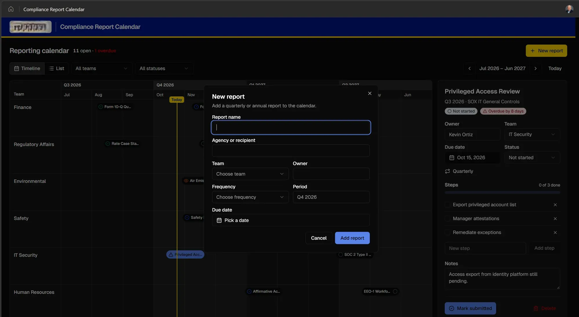 New report dialog with fields for report name, agency or recipient, team, owner, frequency, period, and due date, over the timeline view.