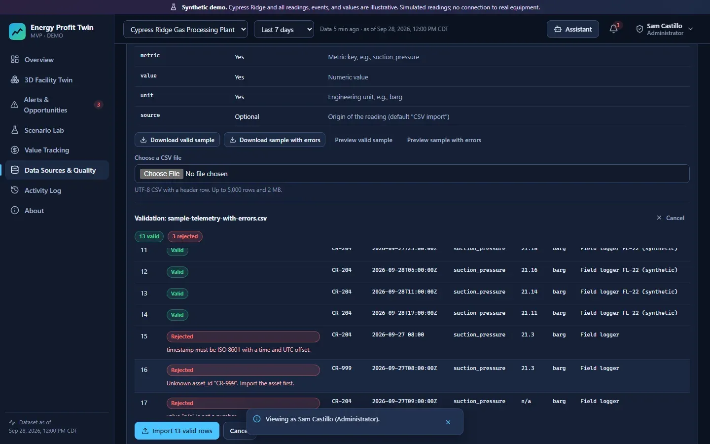 Opus 5.5 CSV import preview showing accepted and rejected row counts, a column-schema table, and tabs for assets, telemetry, and maintenance.