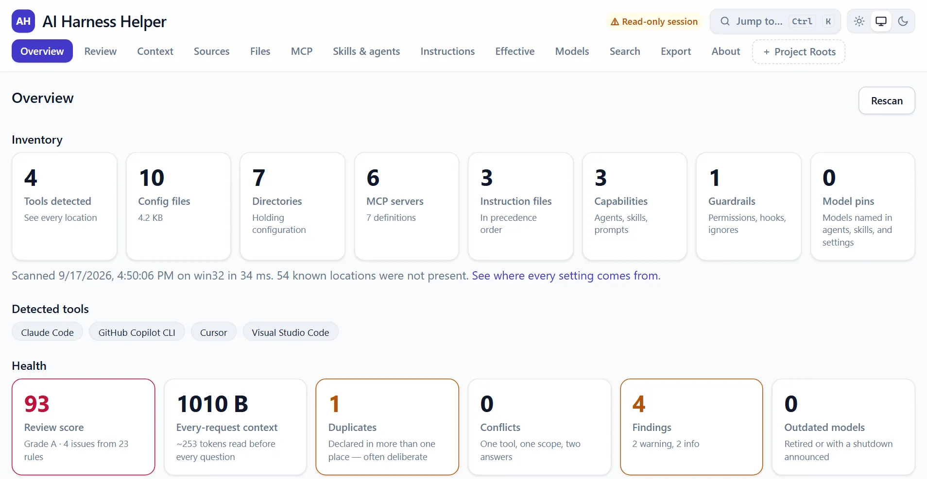 AI Harness Helper Overview showing four detected tools, ten configuration files, and one duplicate.