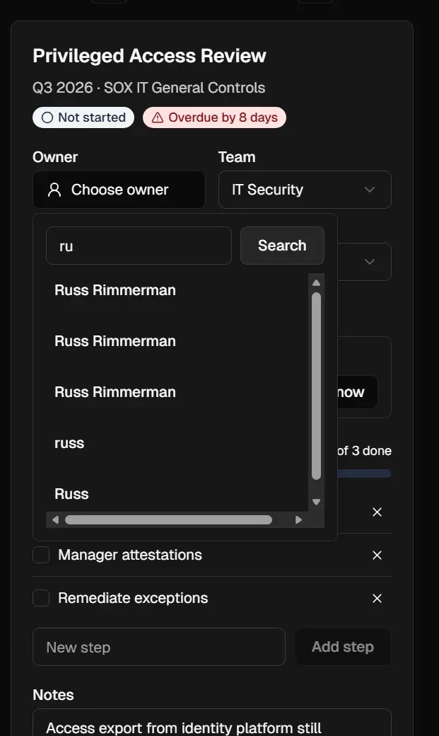 Owner field open with a search box containing the letters ru and a list of matching directory users below it, with email addresses blurred.