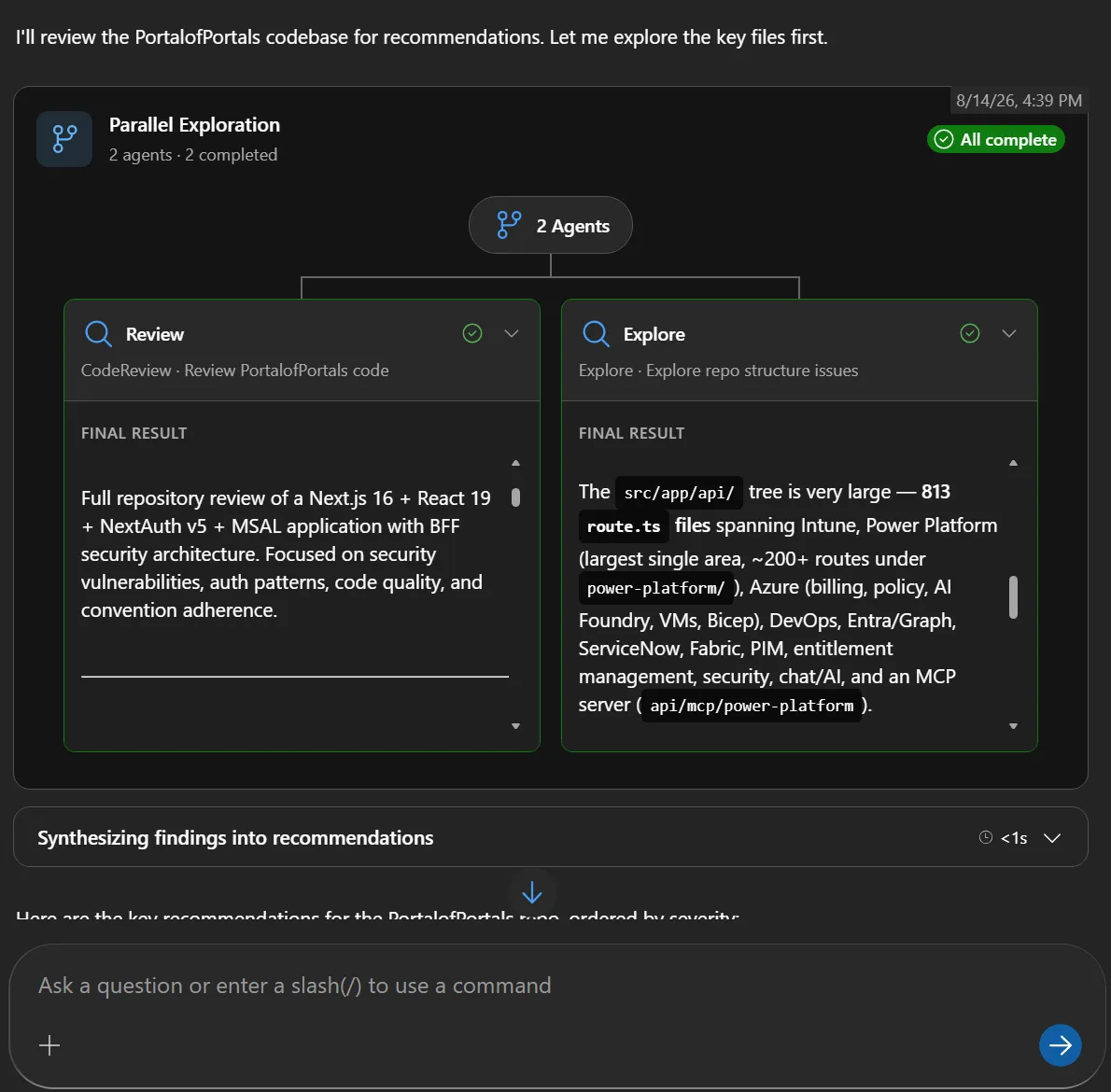 Expanded parallel exploration card in Azure SRE Agent showing final results from two subagents side by side: a CodeReview agent summarizing a full repository review of a Next.js and React application, and an Explore agent reporting 813 route files across the API tree
