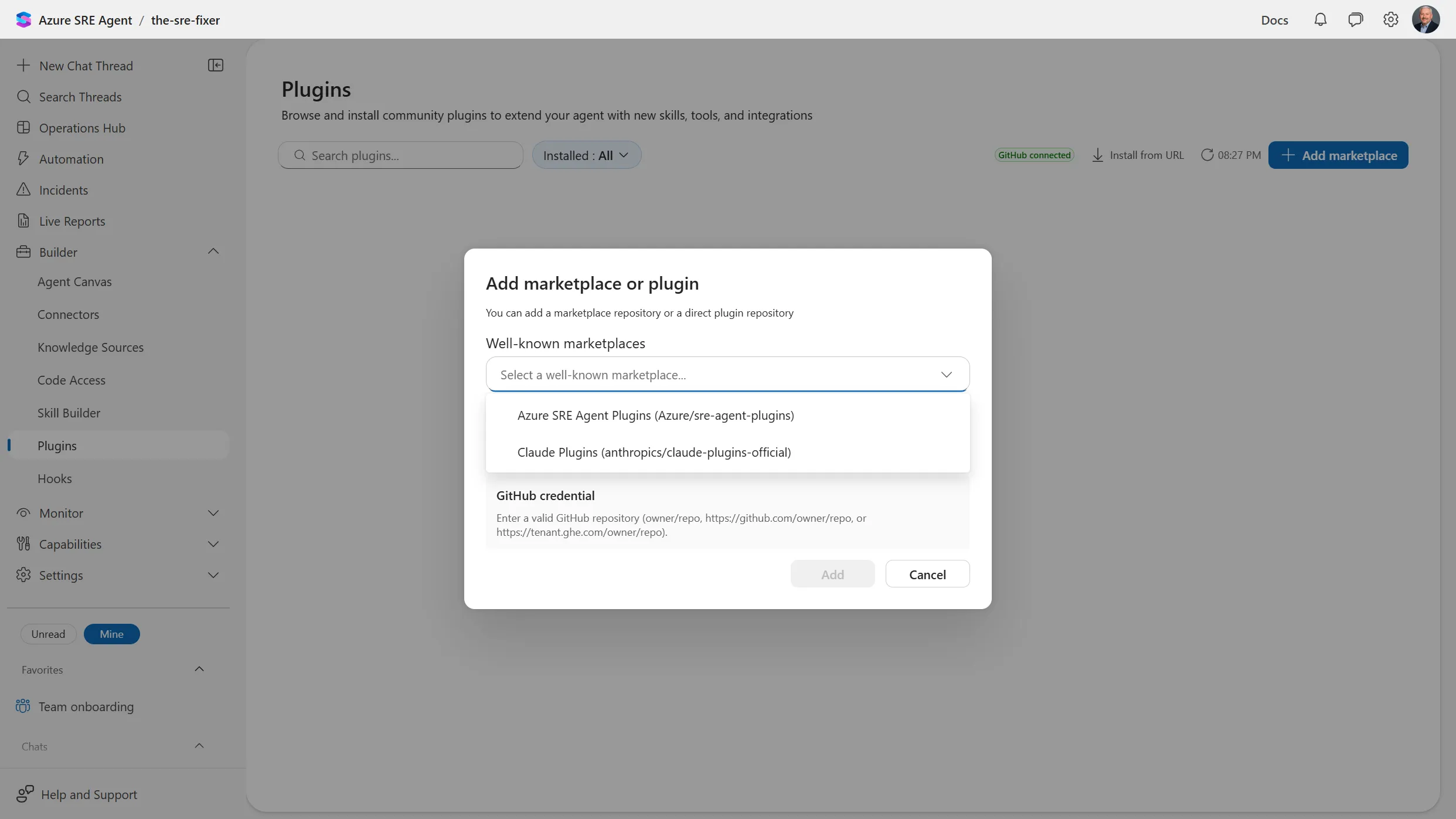 Add marketplace or plugin dialog in Azure SRE Agent with the well-known marketplaces dropdown open, showing two options: Azure SRE Agent Plugins (Azure/sre-agent-plugins) and Claude Plugins (anthropics/claude-plugins-official), above a field for a marketplace URL or owner/repo