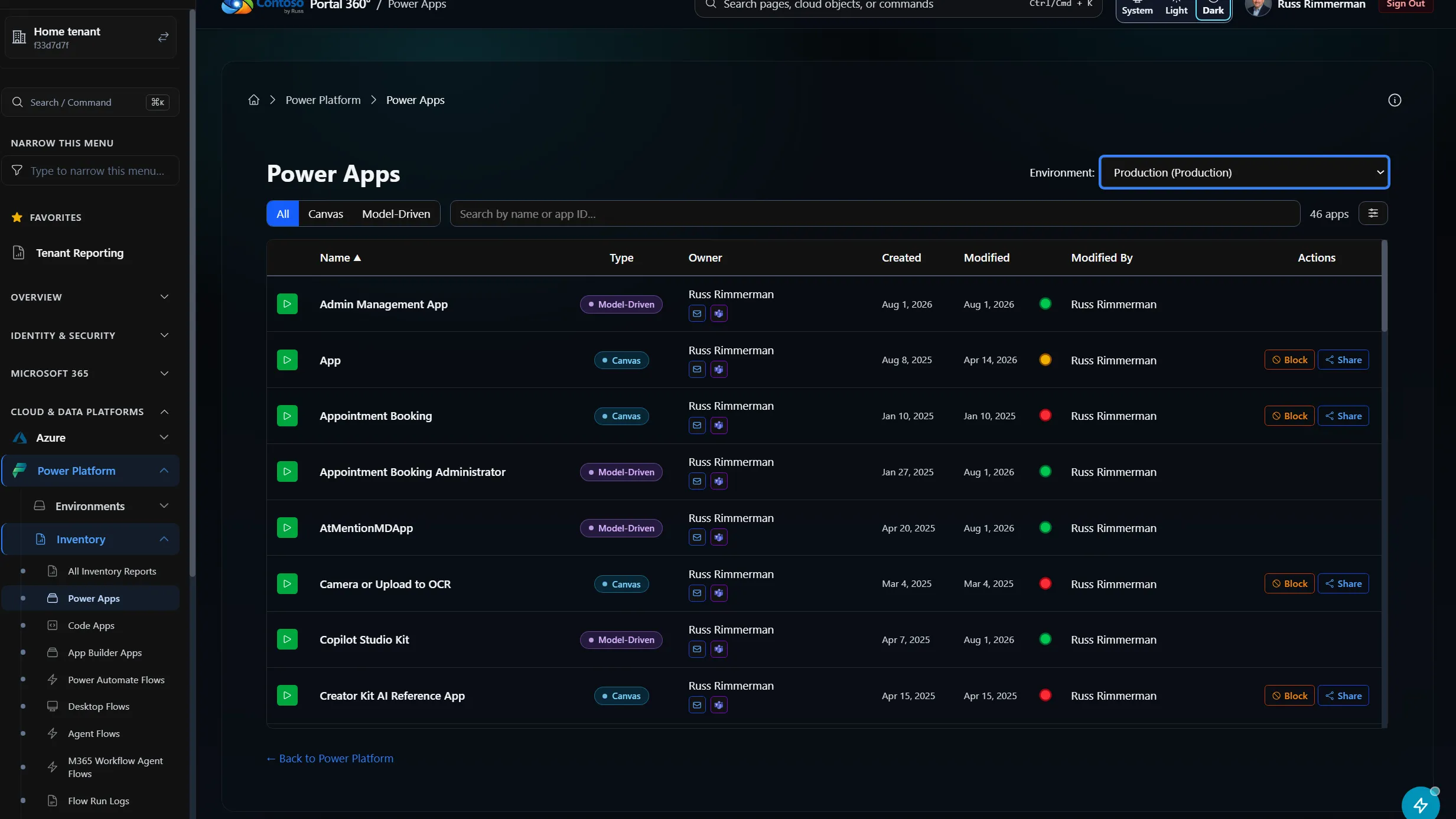 Portal 360 Power Apps page listing canvas and model-driven apps across an environment with owner, created, and modified columns