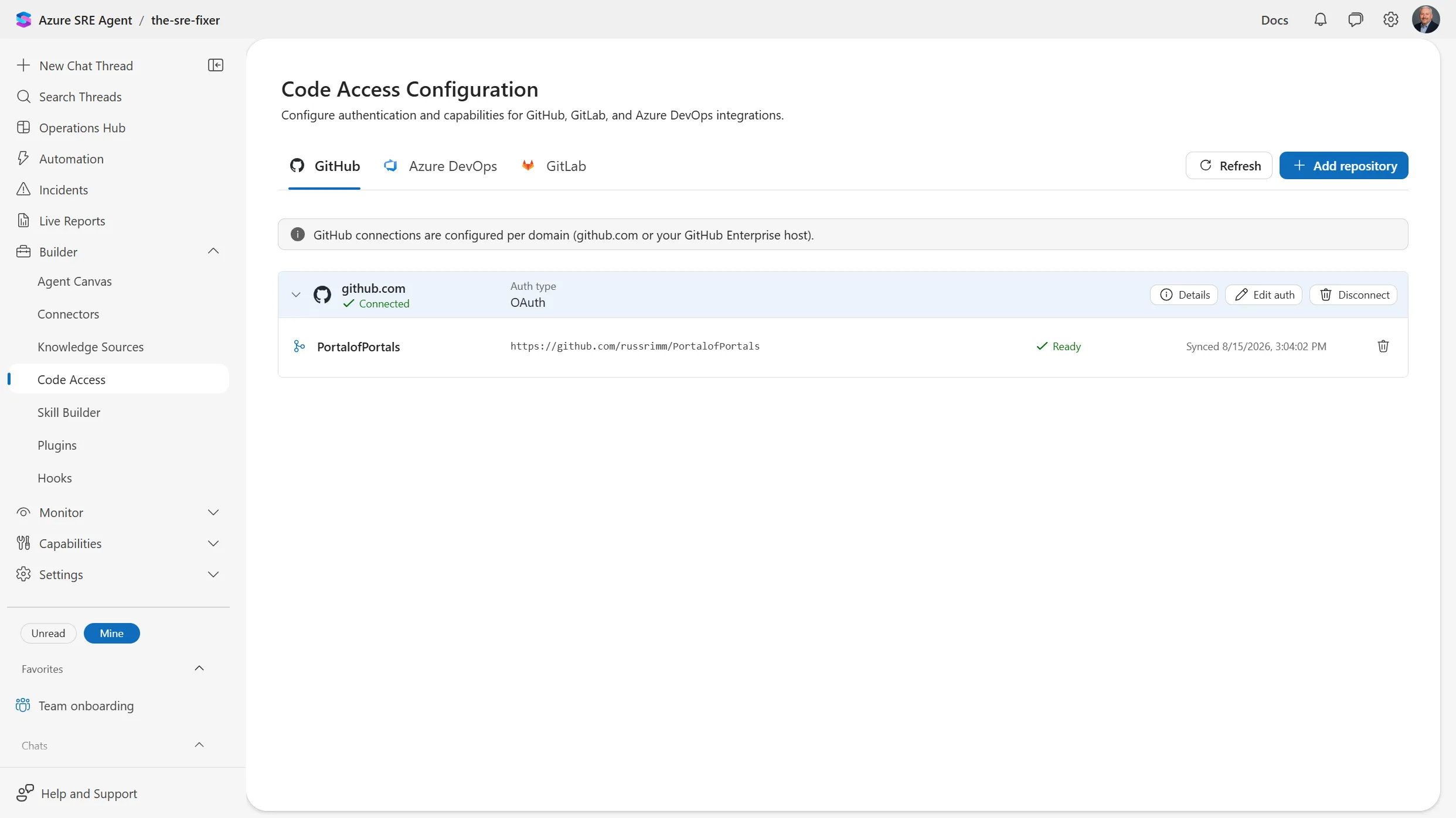 Code Access Configuration page in Azure SRE Agent with tabs for GitHub, Azure DevOps, and GitLab, showing a connected github.com domain using OAuth and one repository named PortalofPortals with a Ready status and a sync timestamp