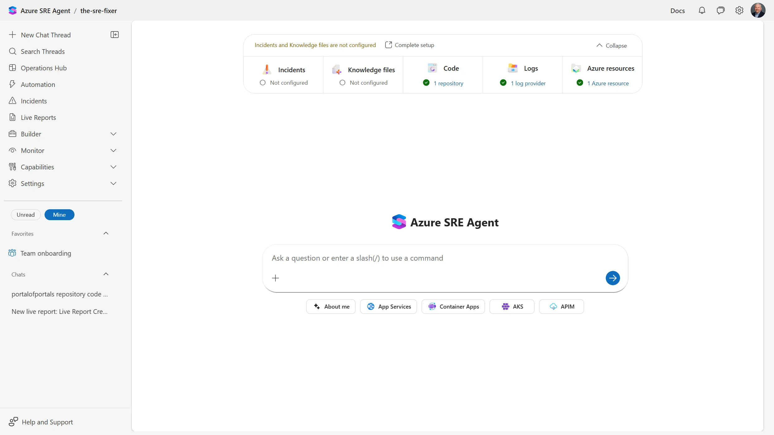 Azure SRE Agent setup checklist expanded, showing Incidents and Knowledge files as not configured, and Code with one repository, Logs with one log provider, and Azure resources with one Azure resource all marked configured