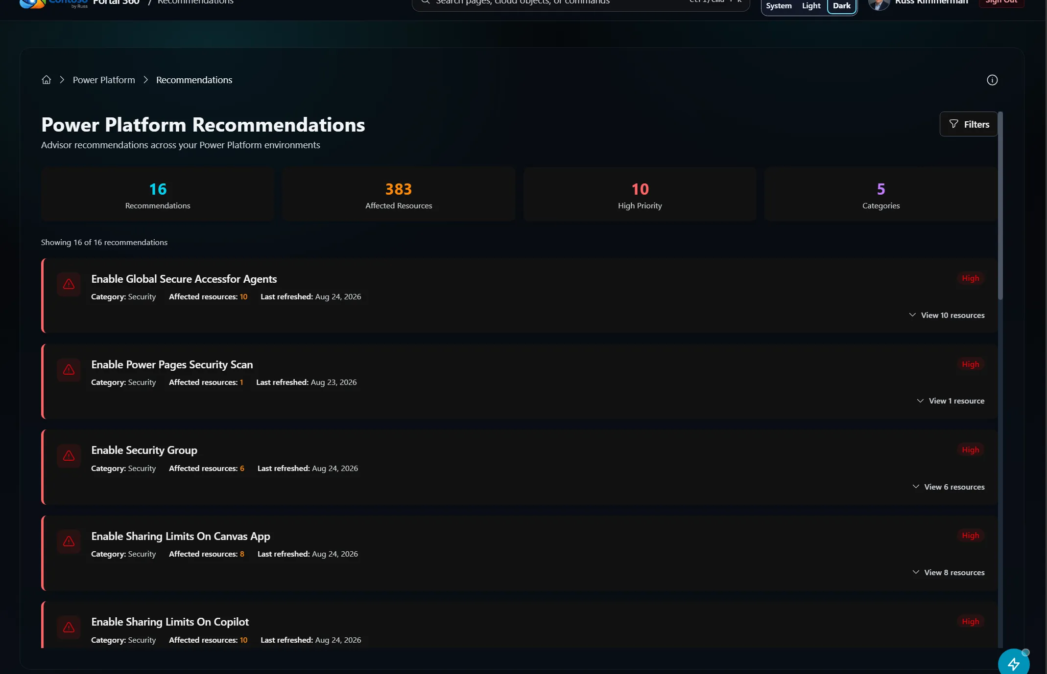 Portal 360 Power Platform Recommendations page listing security and governance recommendations with affected resource counts and priority