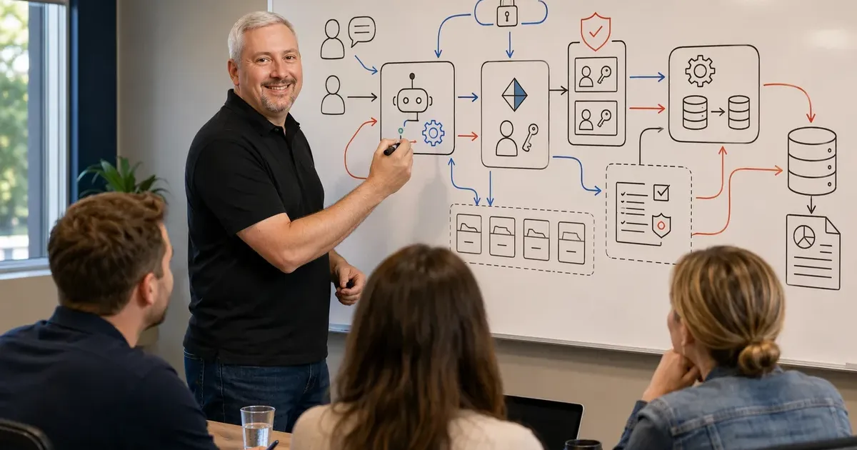Cinematic enterprise hero image representing Copilot Studio — an intelligent business operations center.