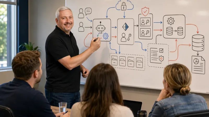 Cinematic enterprise hero image representing Copilot Studio — an intelligent business operations center.