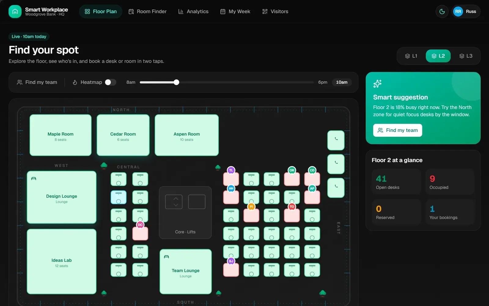 Smart Workplace floor plan for Woodgrove Bank headquarters, with rooms and desks colored available, booked, or occupied, and a Find my team control.